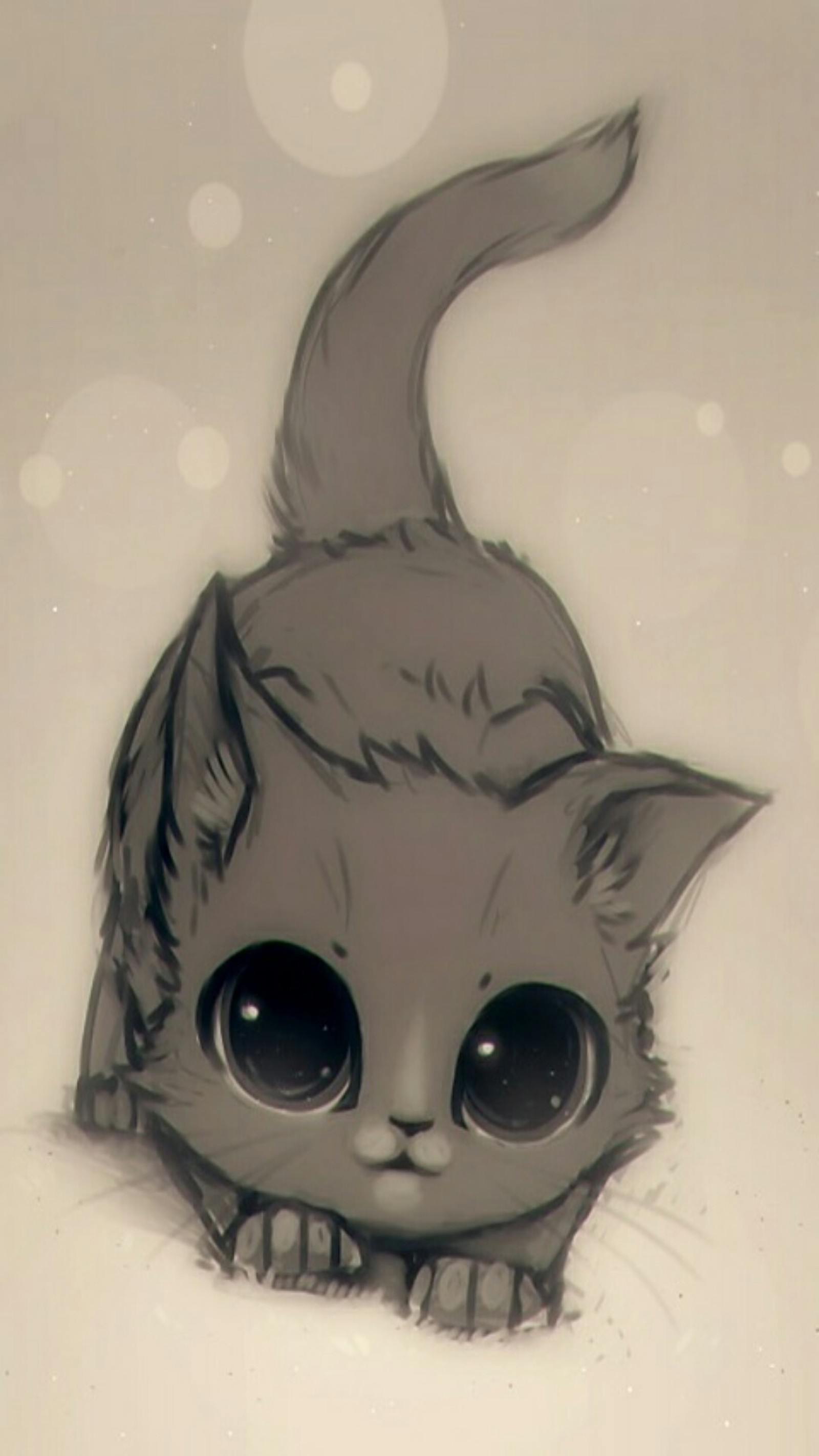 There is a drawing of a cat with big eyes and a tail (animals, cute, kitty)