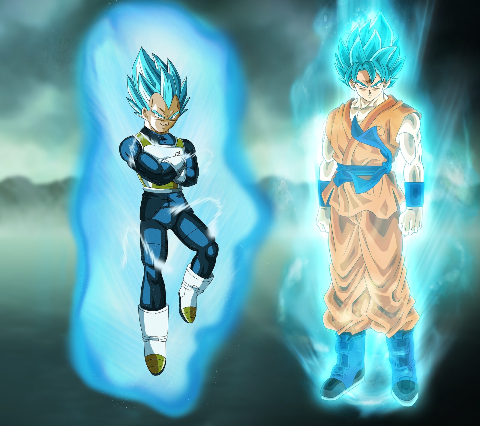 Dos personajes de anime están de pie uno al lado del otro (dragonball, goku, vegeta)