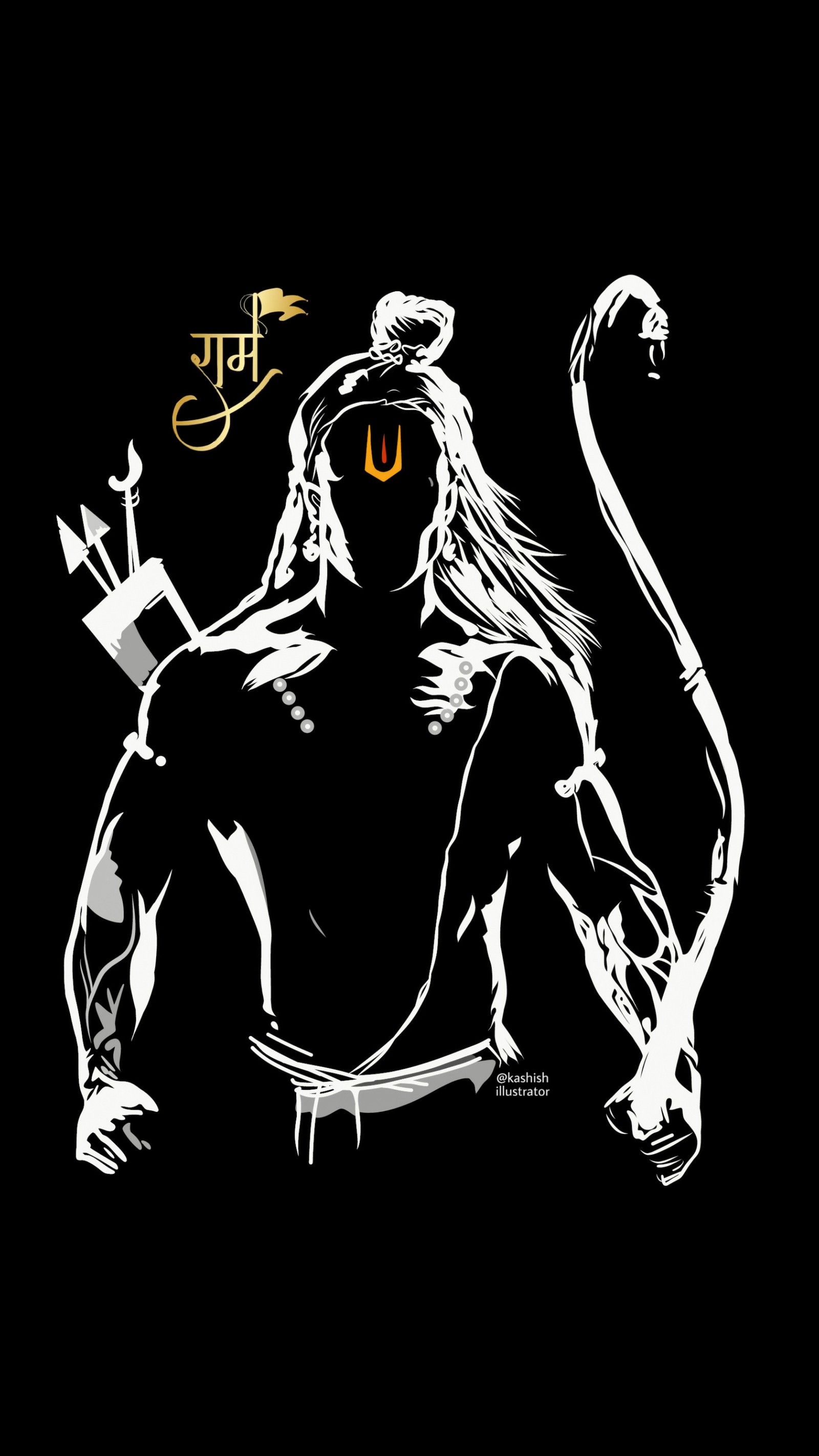 A black and white drawing of a man with a bow and arrow (ayodha, black, hd, kashish illustrator, kashishillustrator)