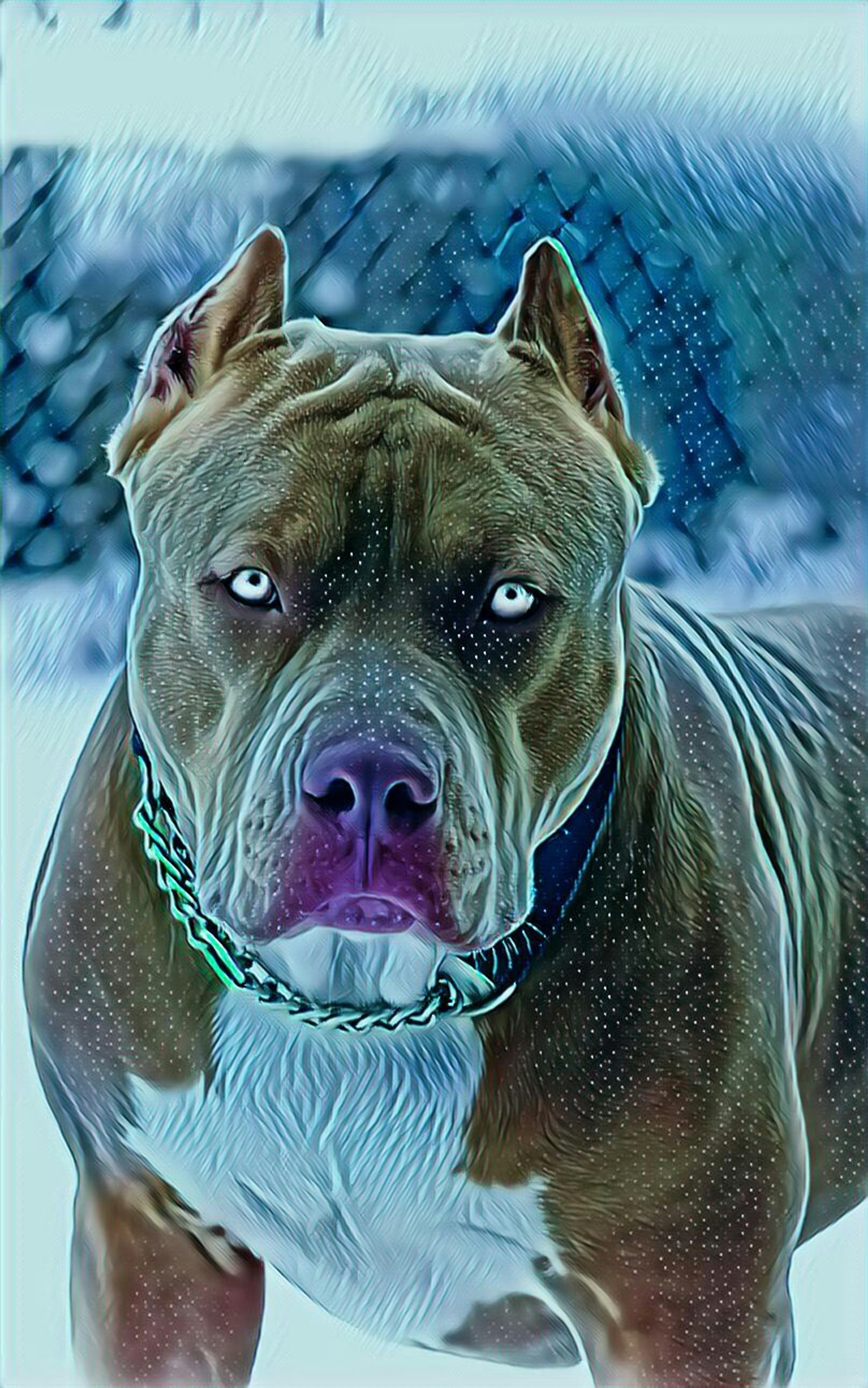 Ein hund, der im schnee steht (picsart, pitbull)