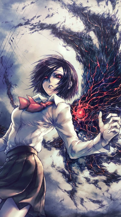 Touka Kirishima de Tokyo Ghoul, posant au milieu d'une énergie sombre et tourbillonnante, montrant sa force intérieure et son conflit.