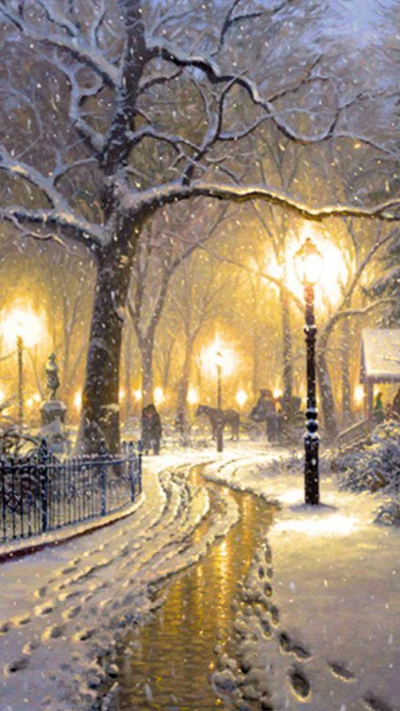 Pintura de uma cena de rua nevada com um poste de luz e um banco (amor, natureza, inverno)