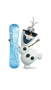 Boneco de neve alegre com snowboard em uma paisagem congelada