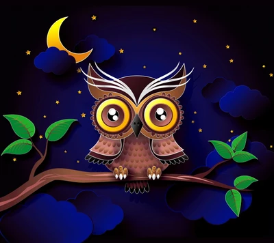 Adorable Owl Perched on a Branch Under a Starry Night Sky