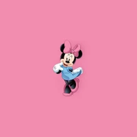 Minnie Mouse in a playful pose against a vibrant pink background.