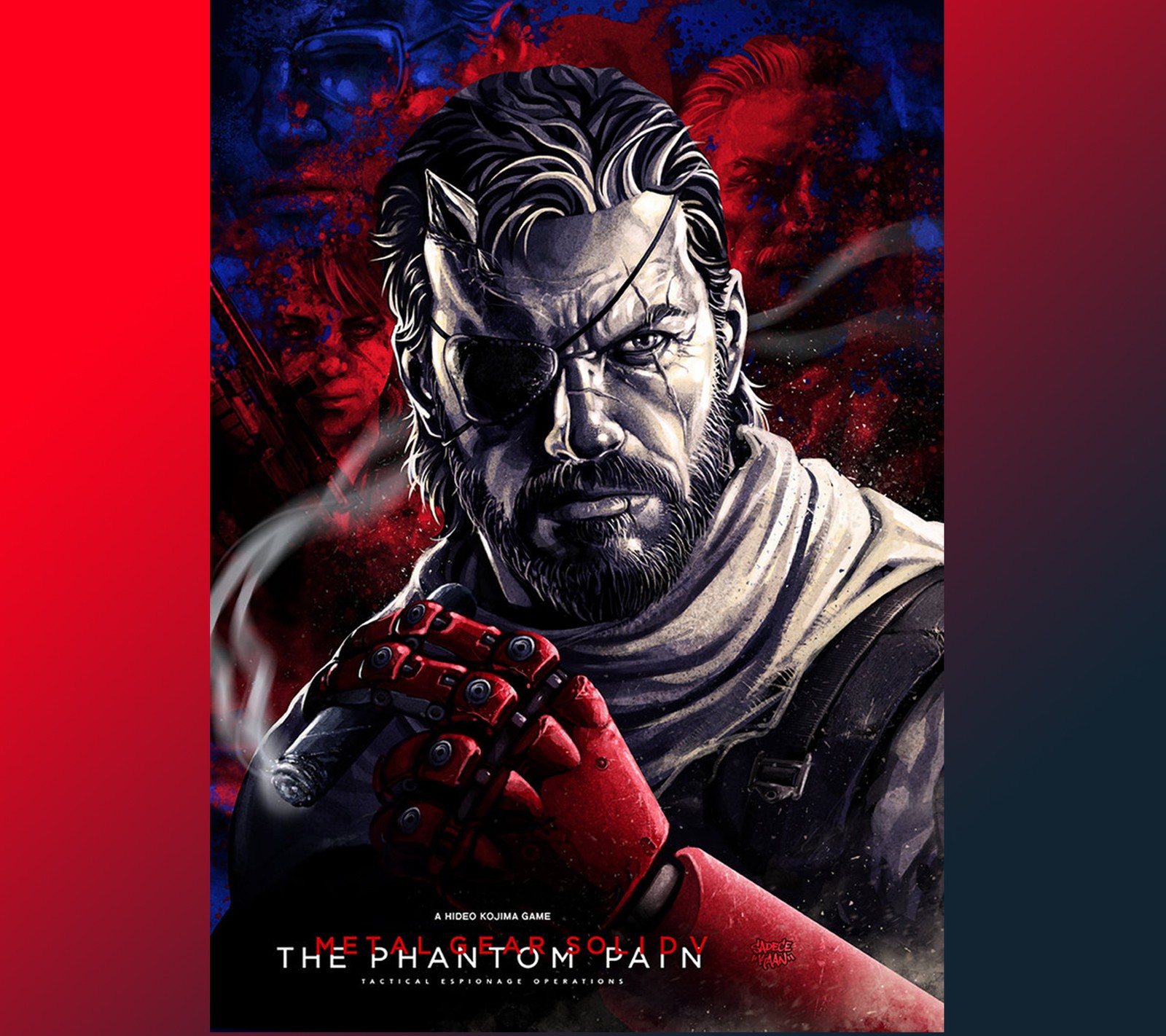 Il y a une affiche d'un homme avec une barbe et un gant rouge (metal gear solid 5, phantom pain, serpent)