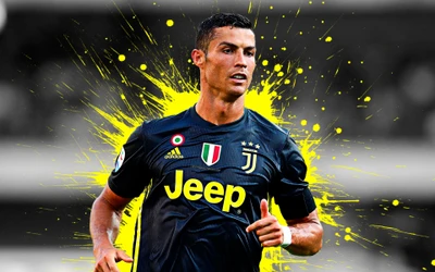 Cristiano Ronaldo in Juventus jersey, showcasing dynamic movement against a vibrant splash background.