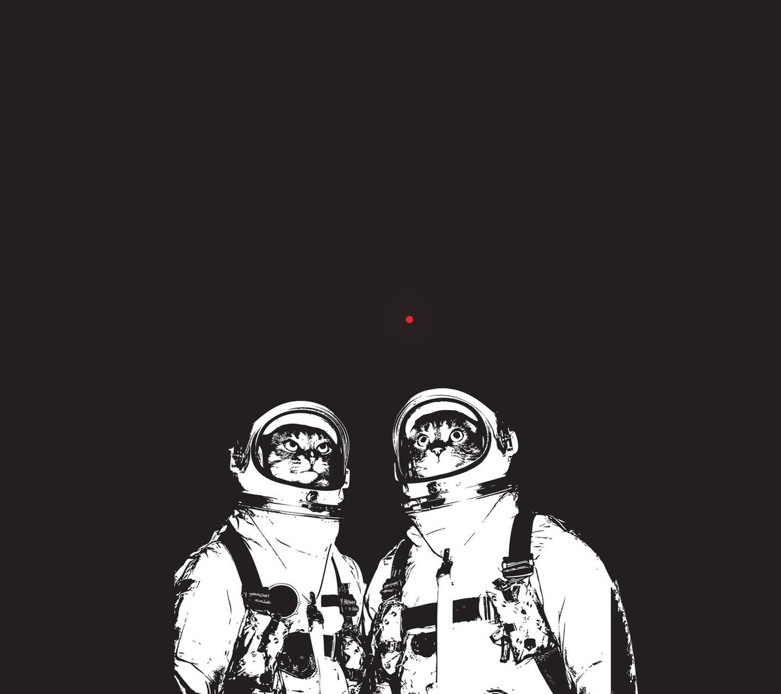 Two astronauts in space suits standing next to each other (cat, cats, dot, kat, red)