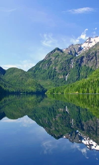 Lago de montaña sereno con aguas reflectantes y vegetación exuberante