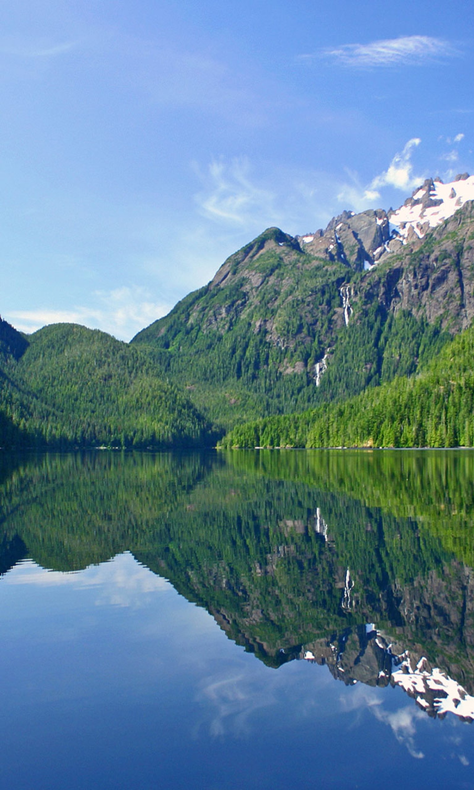 Mountains reflected in a lake with a clear sky (lake, water)