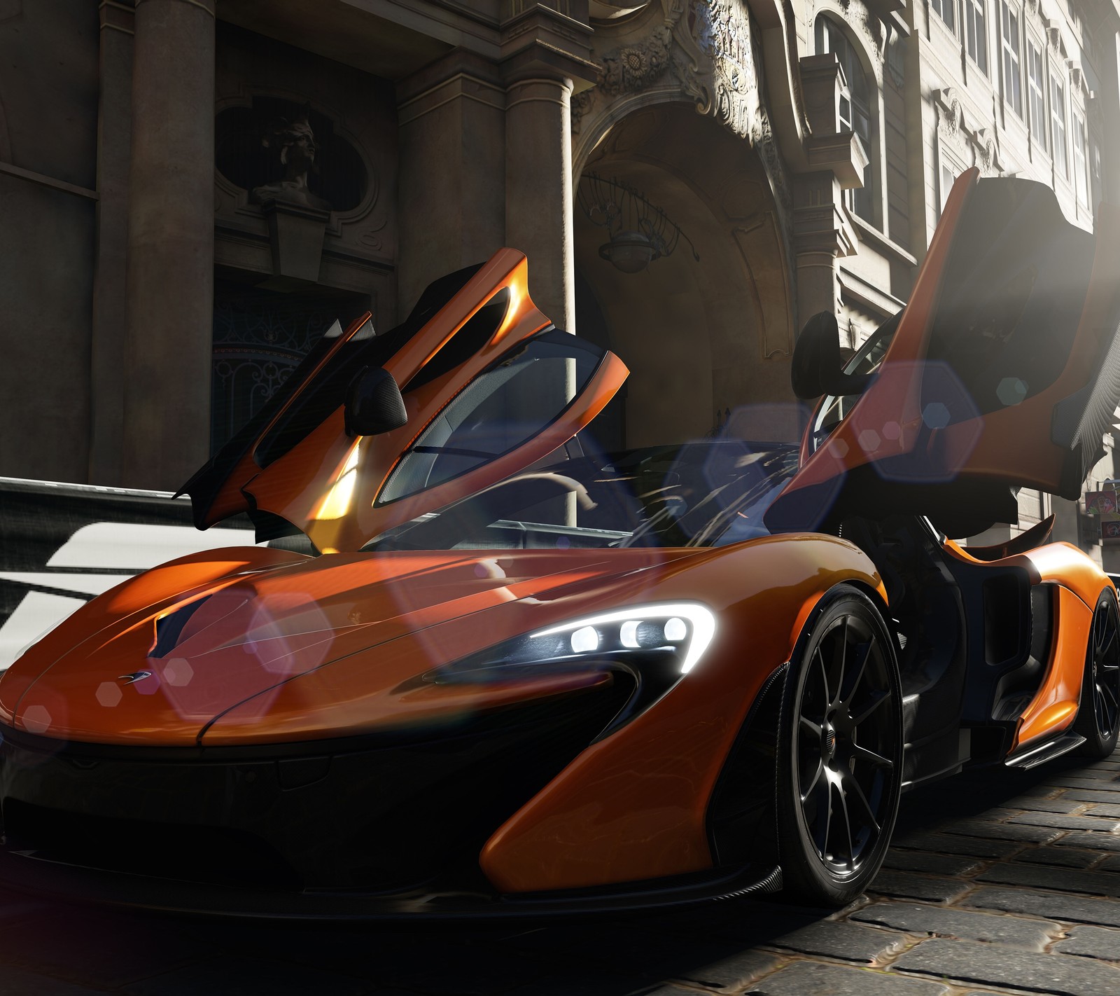 Un primer plano de un coche con las puertas abiertas en una calle de la ciudad (forza, mclaren, microsoft, p1, coche deportivo)