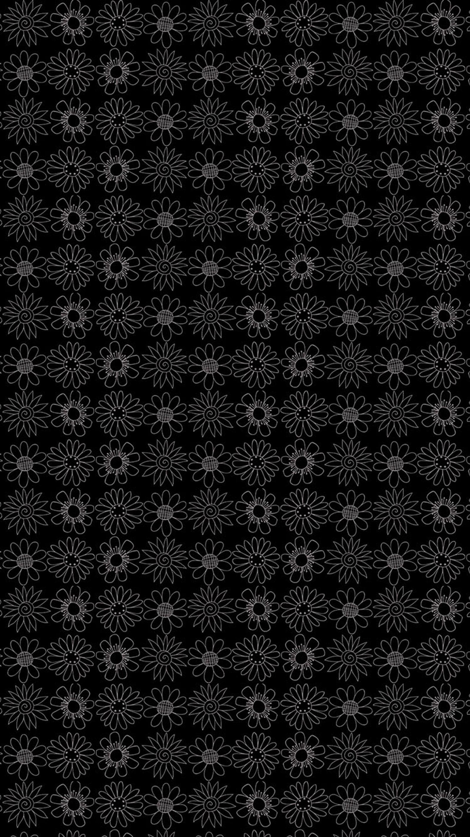 A black and white floral pattern with a black background (design, pattern)