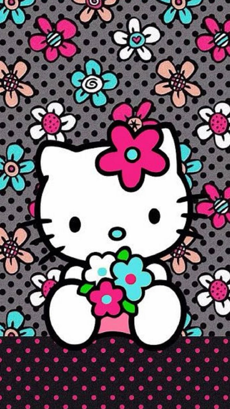 Обои с hello kitty и розовым бантом и цветами (хелло китти, hello kitty, обои)