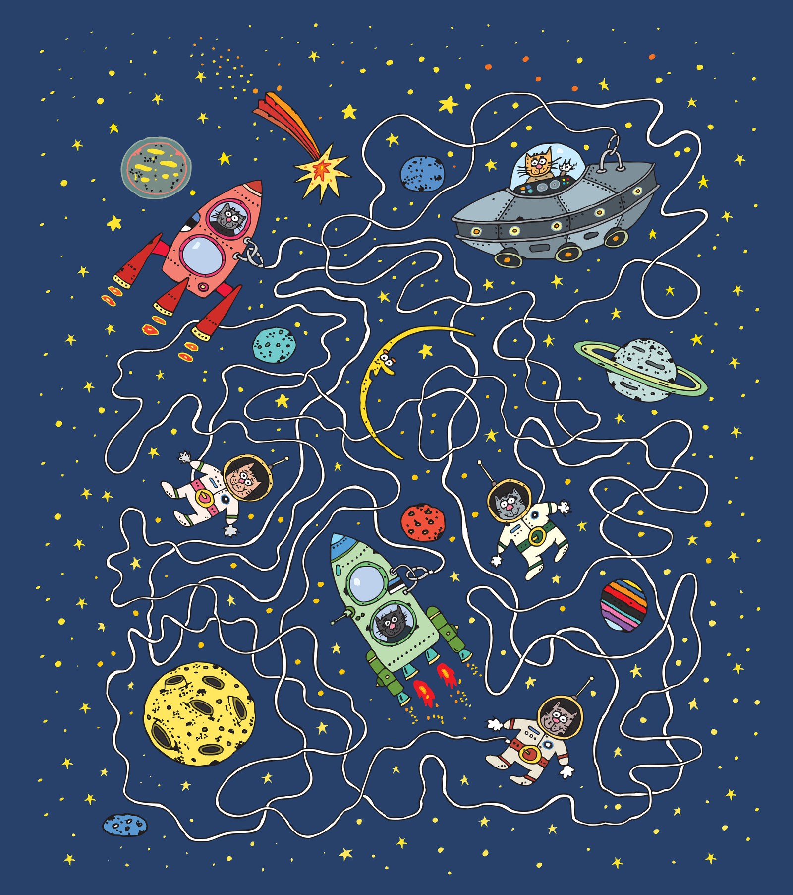 Eine cartoonhafte illustration eines labyrinths mit raum und astronauten (designs, glitter)