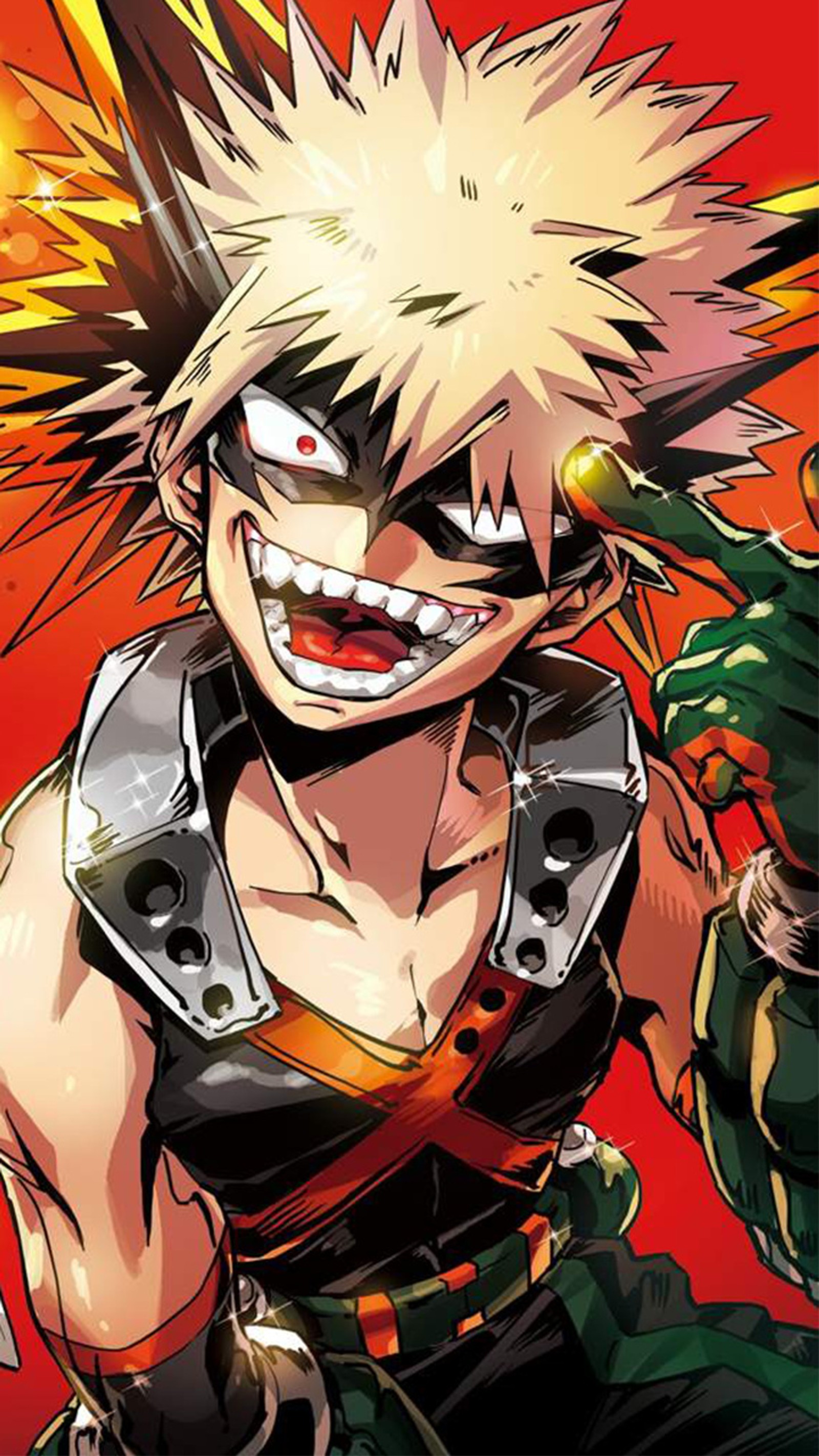 Uma imagem de desenho animado de um cara com moicano e uma espada (academia, bakugou, boku, herói, kacchan)