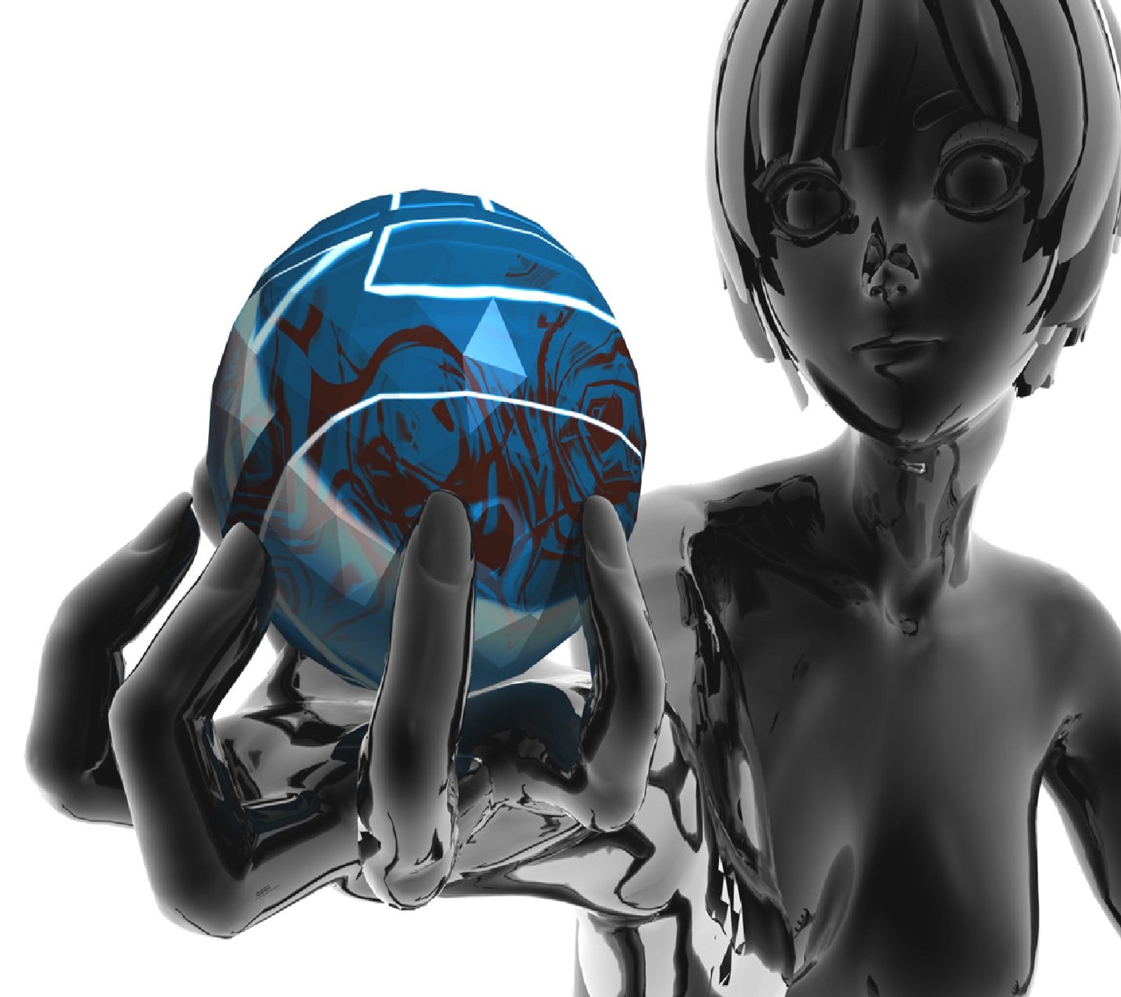 A close up of a person holding a blue and black ball (3d)