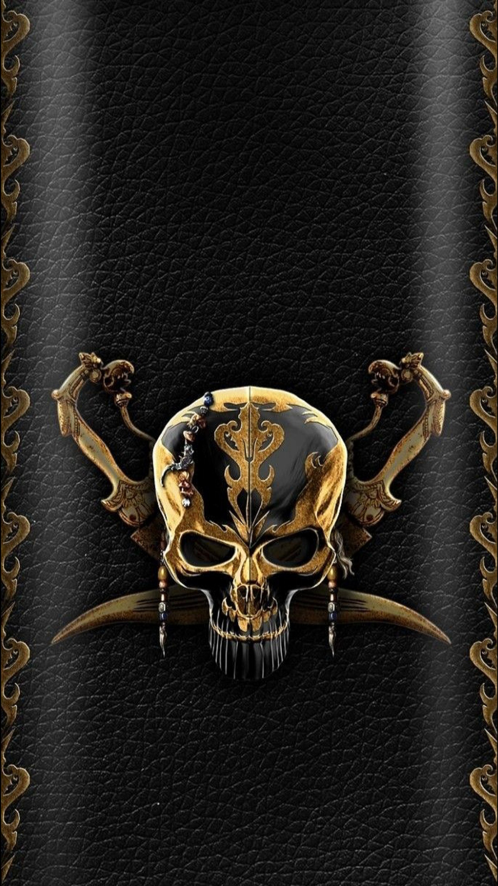 A close up of a skull and two swords on a black leather background (black, edge, golden, leather, skull)