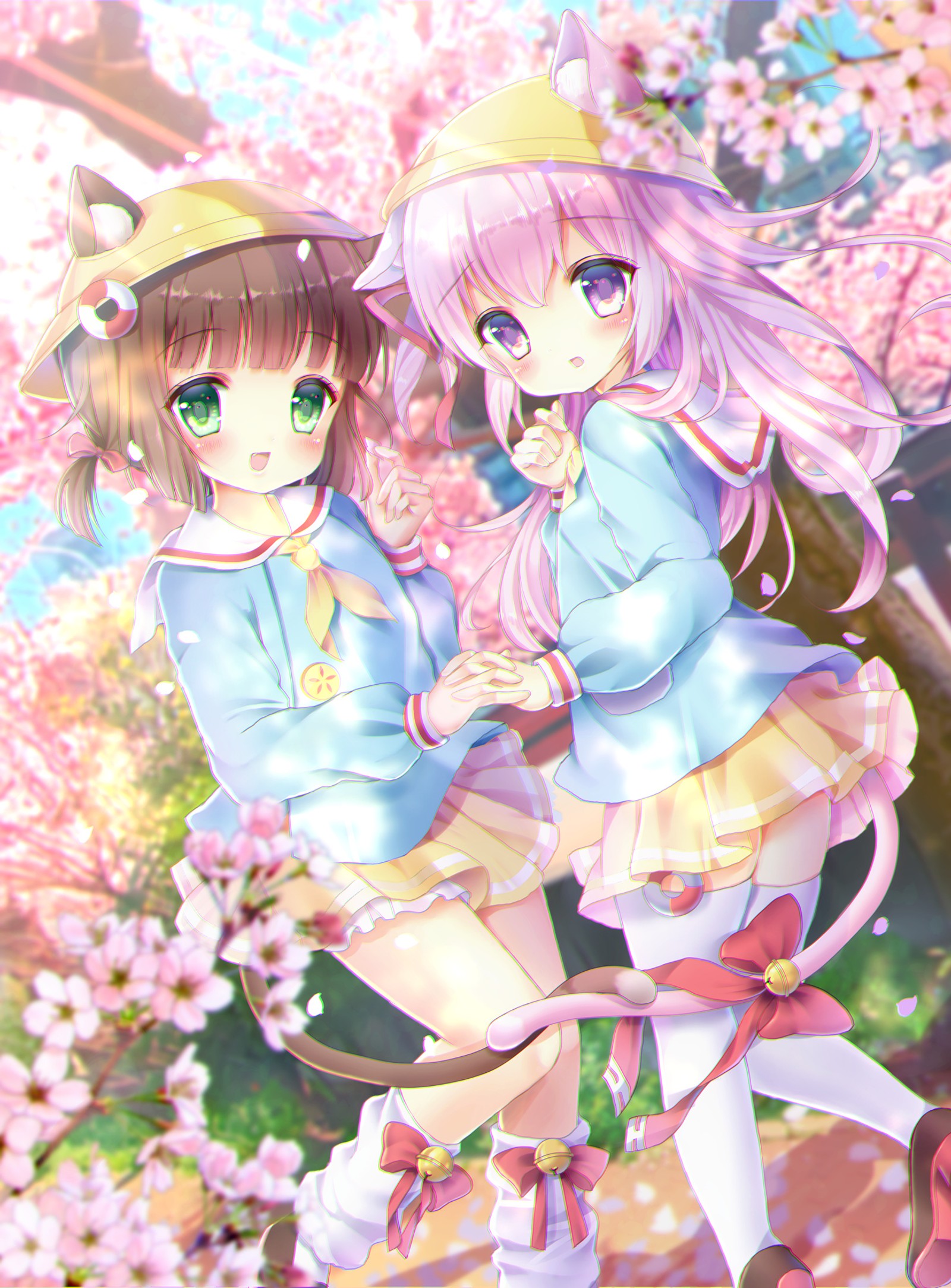 Lade anime, kirschblüte, mädchen, glockenläuten, kawaii Hintergrund herunter