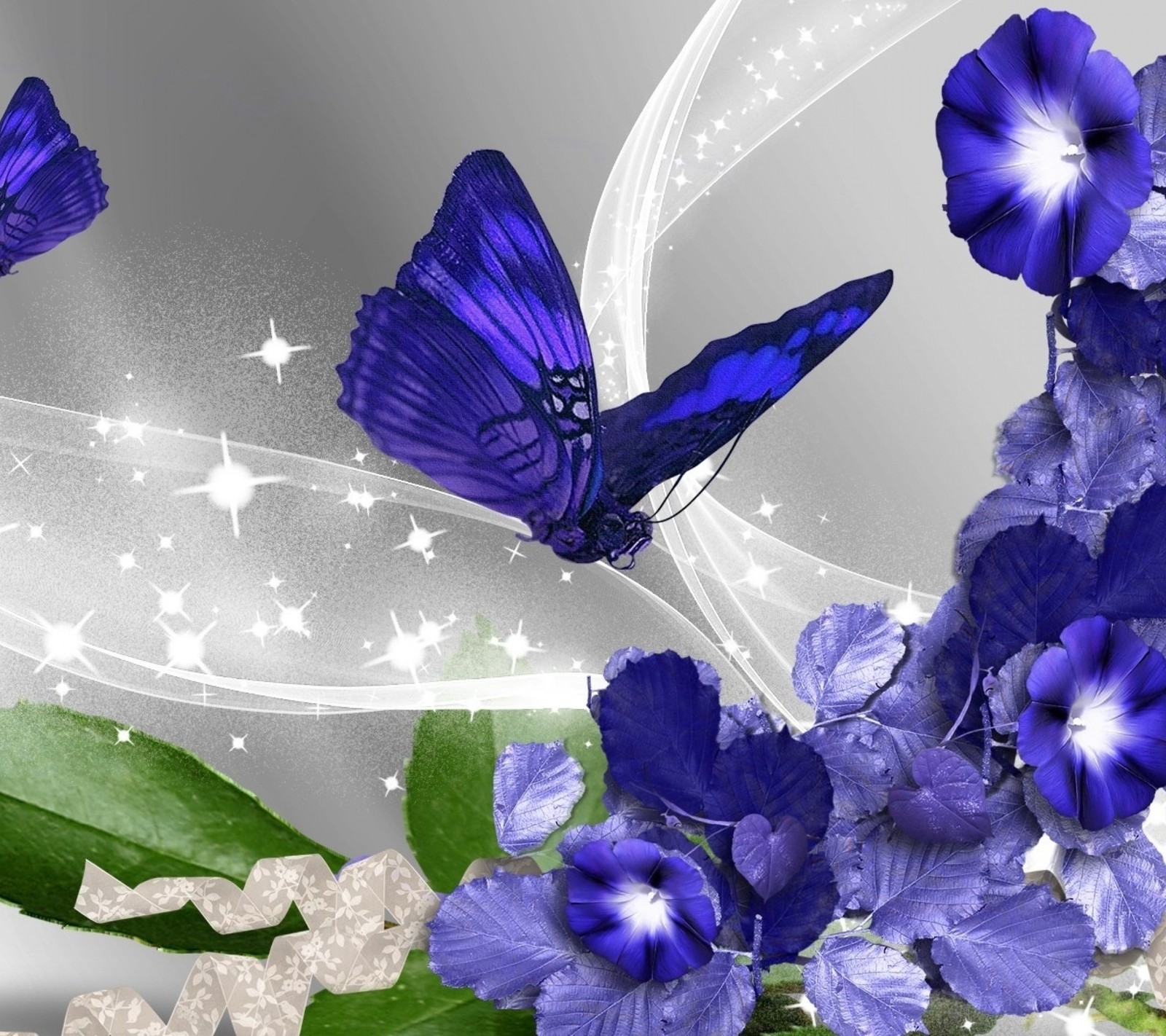 Purple flowers and butterflies with a silver background and a star (art, blue, butterfly, flowers, fly)