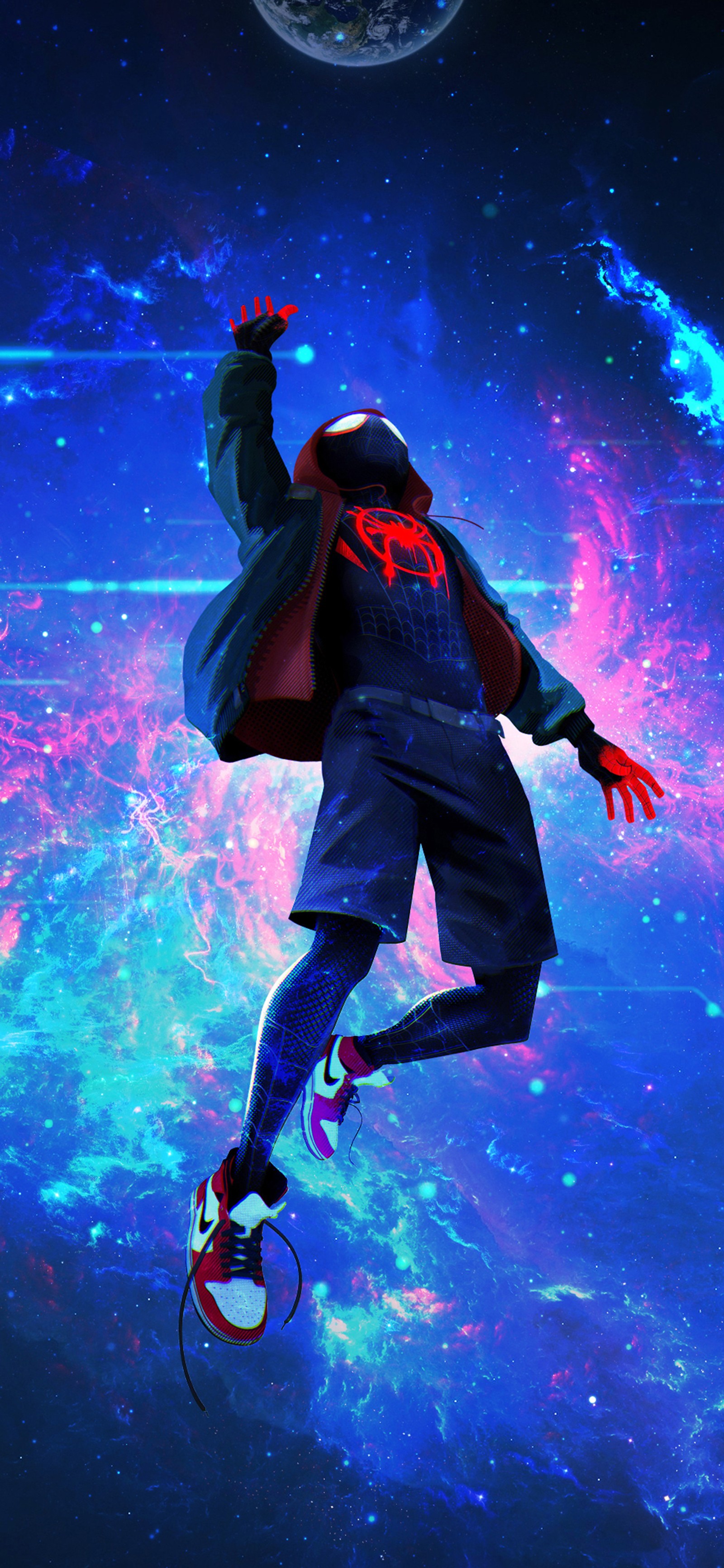 Spider-man dans le spider-verse dans le ciel (univers cinématographique marvel, marvel cinematic universe, miles morales, spider man, super héros)