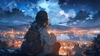 Alone Under the Stars: A Girl and Her Dog Overlooking the City at Night