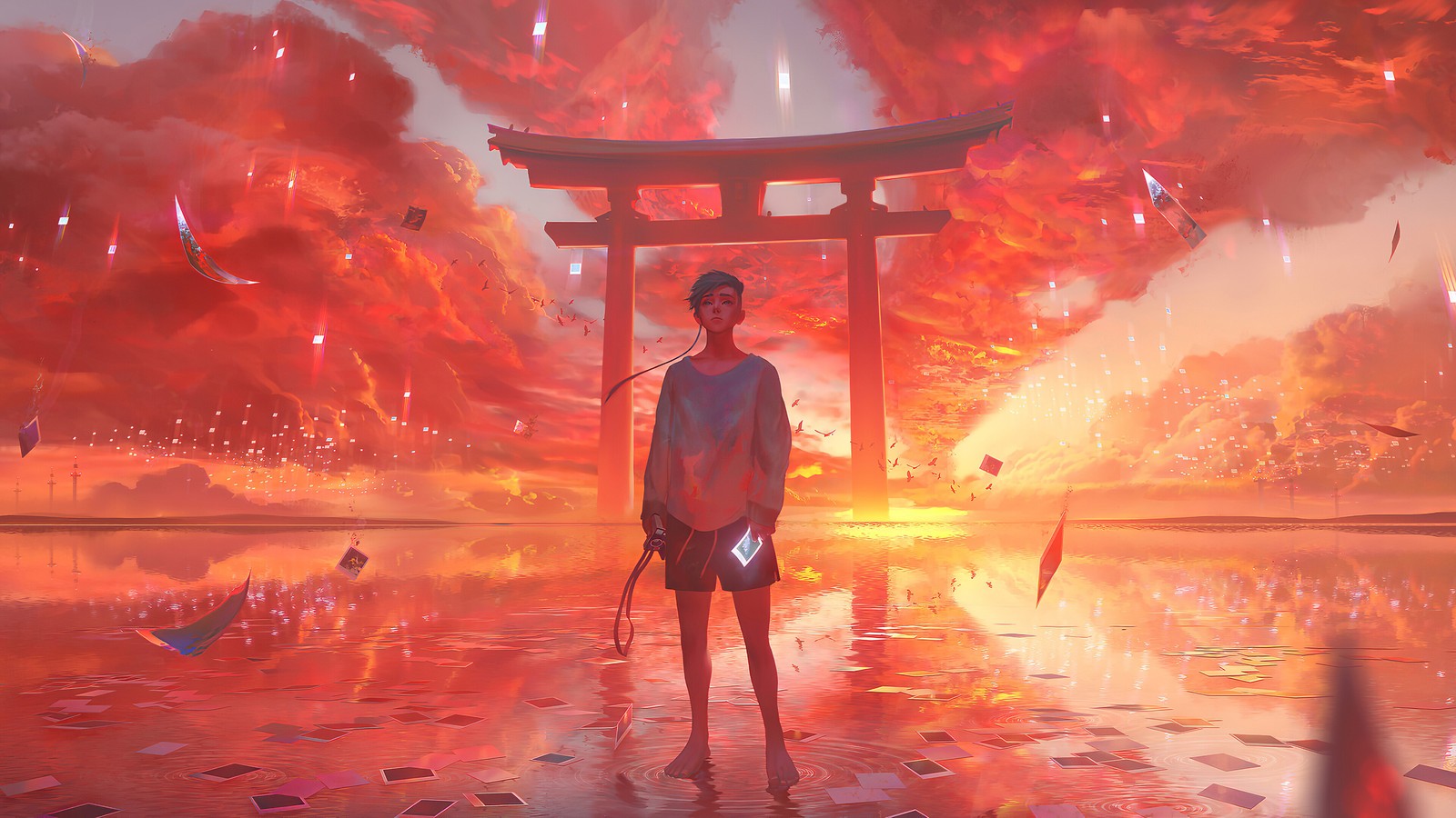 anime, boy, sunset, gate, shrine wallpaper