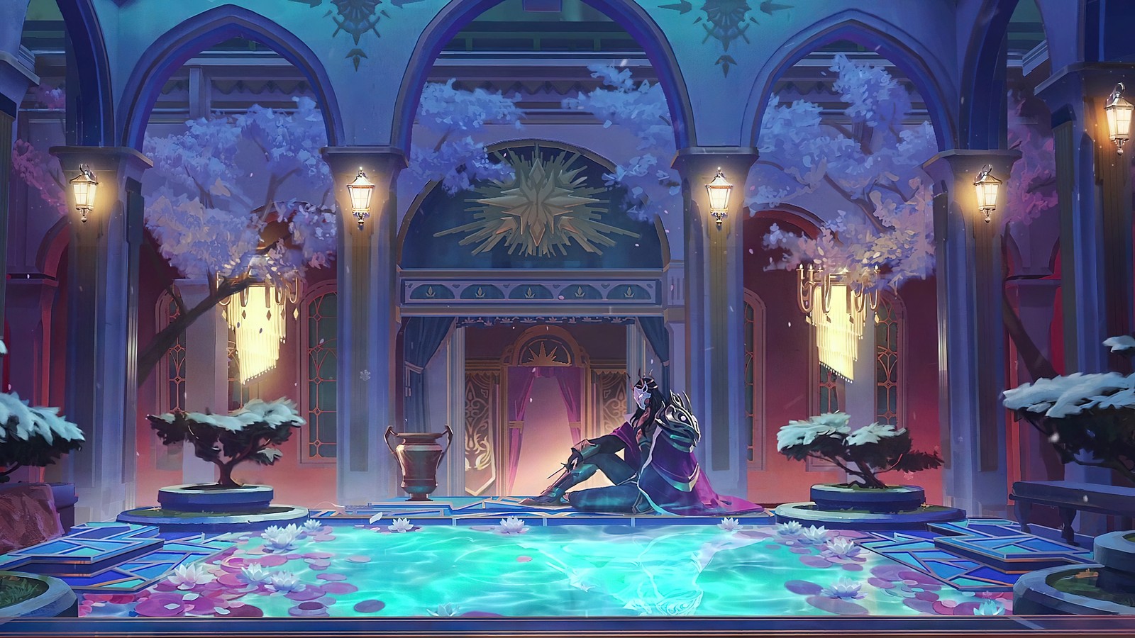 A woman in a long dress sitting in a pool surrounded by trees (swain, winterblessed, lol, league of legends, video game)