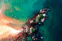 island, beach, ocean blue, boats, aerial view