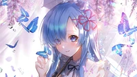 Rem de Re:Zero, cercada por borboletas, exibindo seu encantador traje de empregada e seus longos cabelos azuis.