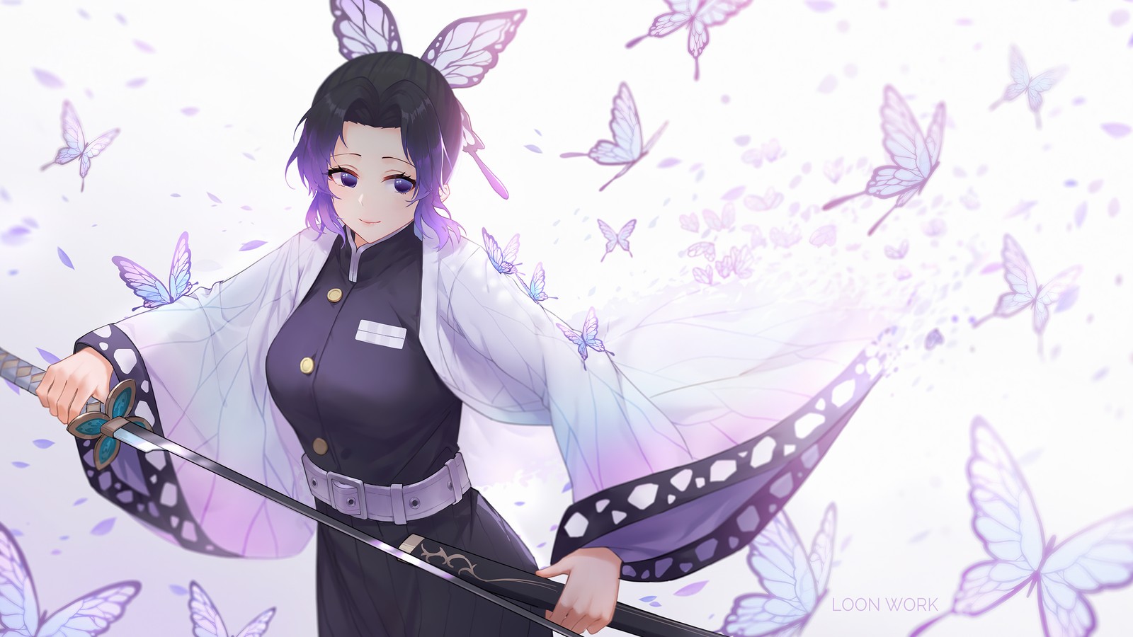 Anime-mädchen mit schmetterlingsflügeln, das ein schwert und einen schmetterling hält (shinobu kocho, kochou, schmetterling, insektensäule, hashira)