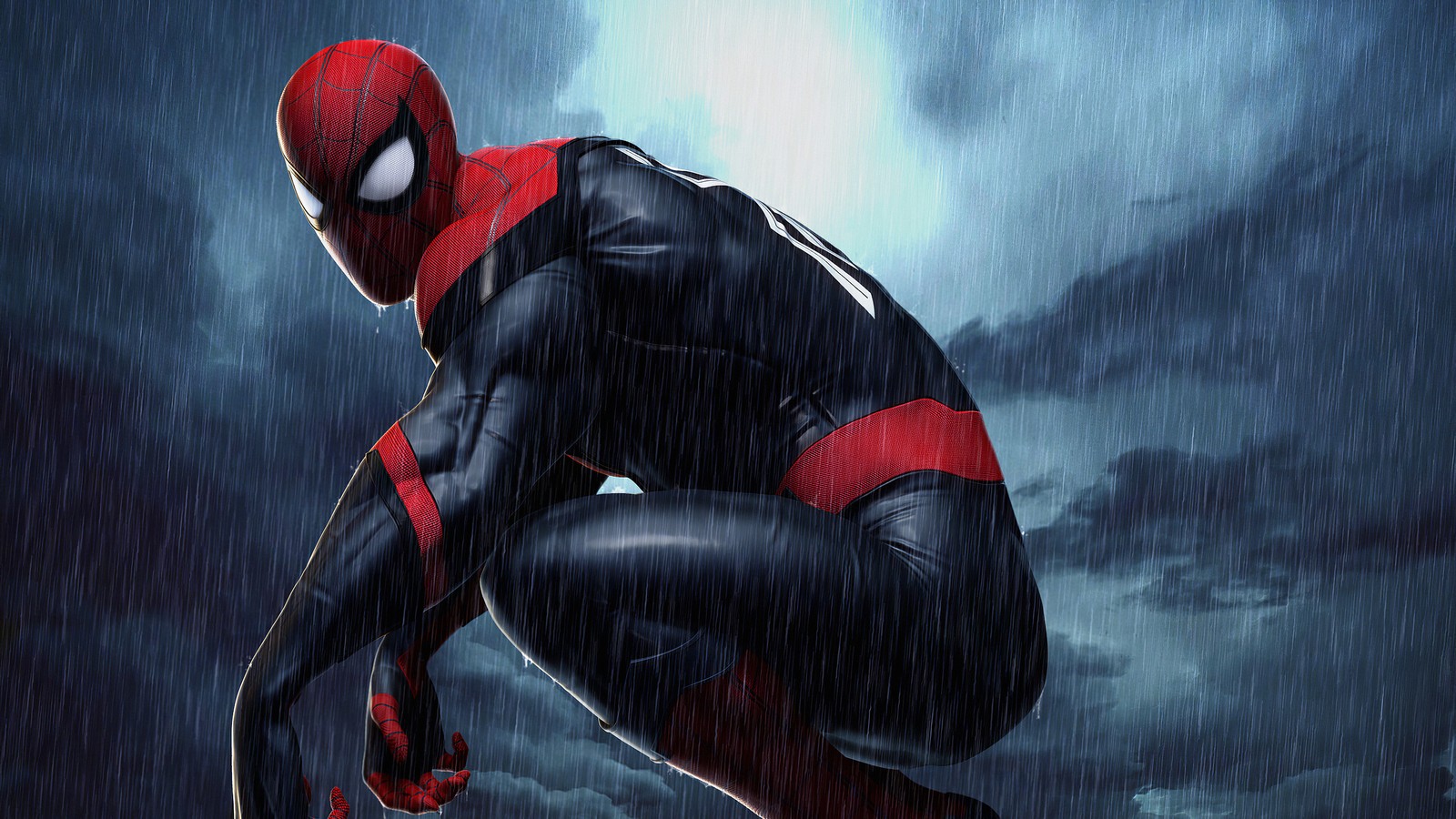 Spider-man sous la pluie dans l'obscurité (spider man, bandes dessinées, marvel comics)