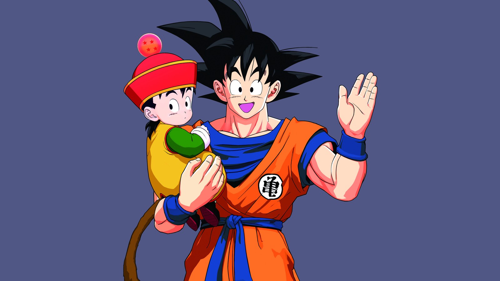 Un dibujo animado de un joven gohan sosteniendo un pequeño mono (son goku, son gohan, dragon ball z kakarot, videojuego)