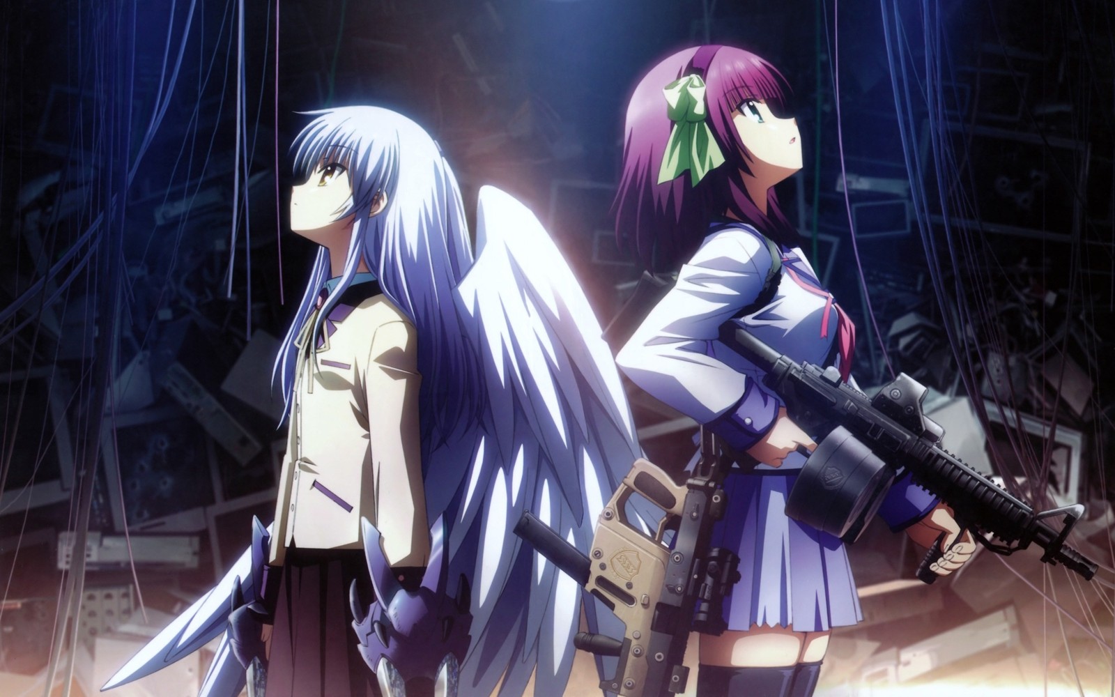 Anime characters with guns standing in front of a stage (angel, yuri nakamura, yuzuru otonashi, manga, masami iwasawa)