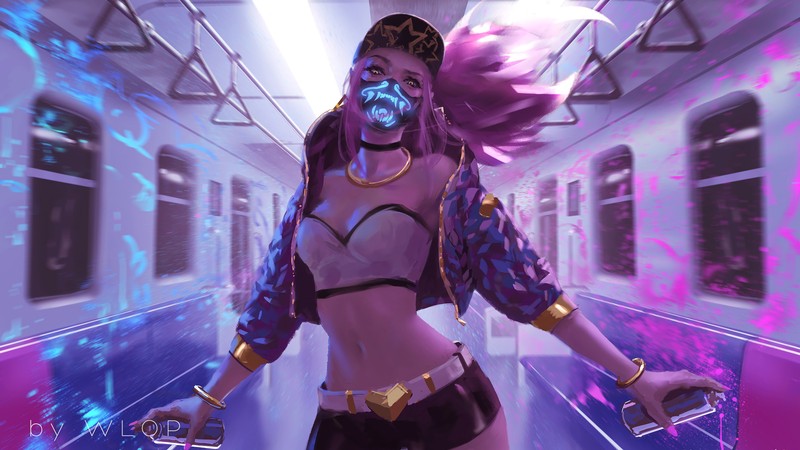 Женщина в костюме стоит в поезде (kda, акали, akali, lol, league of legends)