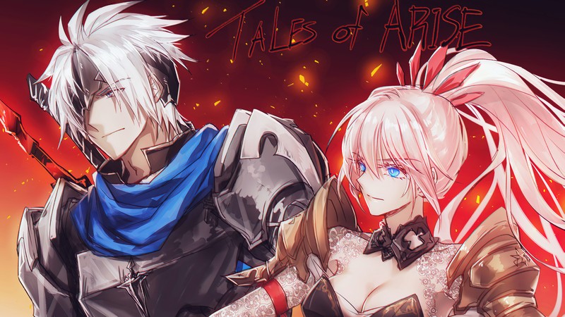 Аниме-пара с мечом и броней перед огнем (tales of arise, видеоигра, альпен, шионне, shionne)