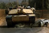 M1 Abrams Tank Maneuvering Through Desert Terrain with Wrecked Car