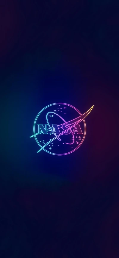 Logo de NASA en neón en magenta y azul eléctrico contra un fondo cósmico