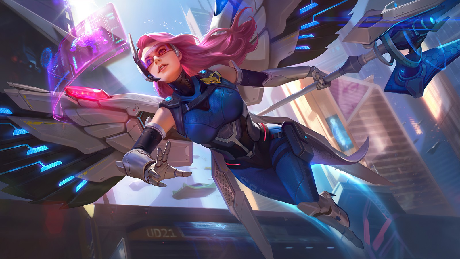 Une femme en tenue bleue volant dans les airs avec une épée (rafaela, saber savior, peau, mobile legends, bang bang)