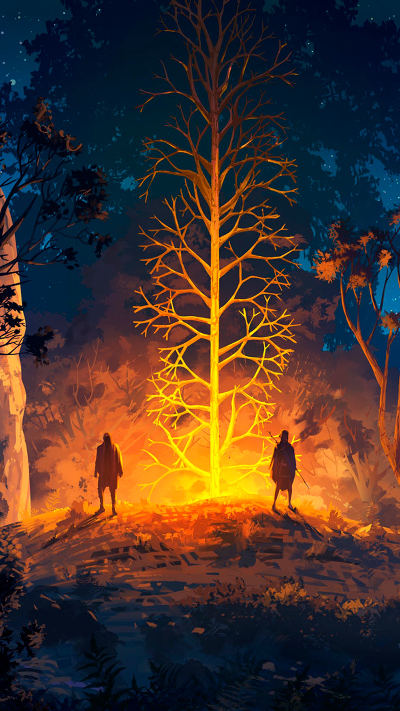 There are two people standing in front of a tree with a fire (forest, branch, heat, people in nature, woody plant)