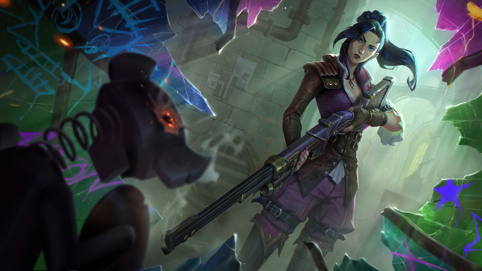 There is a woman holding a gun in a room with plants (caitlyn lol, arcane league of legends, 5k, 8k, games)