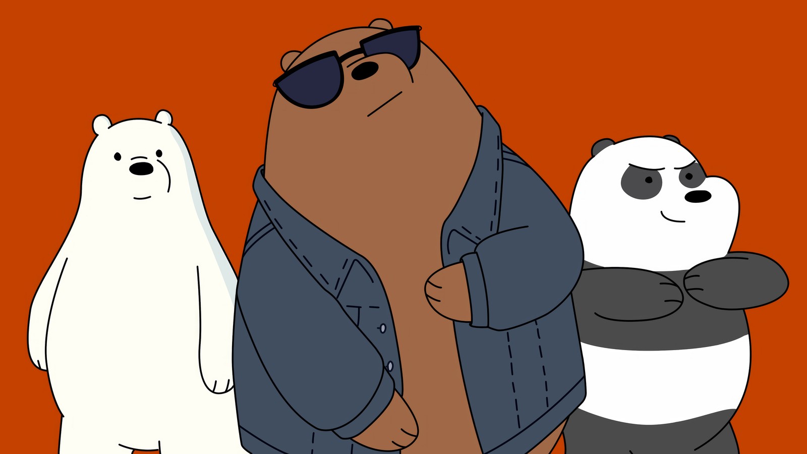 Tres osos están de pie uno al lado del otro frente a un fondo naranja (we bare bears, series de televisión, caricatura)