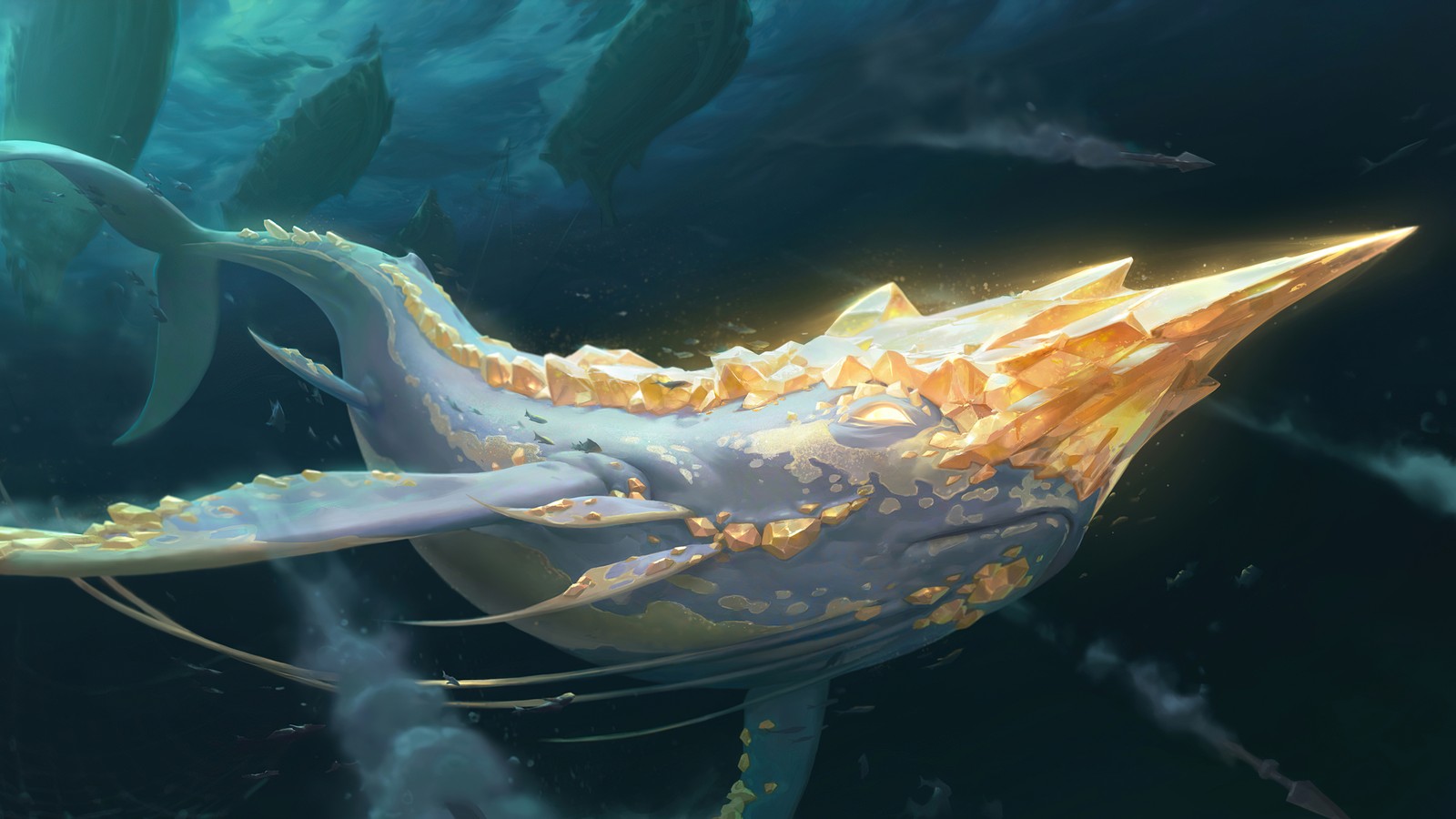 Há um grande peixe flutuando na água (golden narwhal, legends of runeterra, jogo de vídeo)