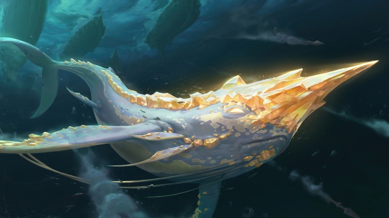 Большая рыба плавает в воде (golden narwhal, legends of runeterra, видеоигра)