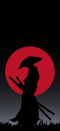 Karmesinrotes Silhouette eines Samurai gegen die aufgehende Sonne