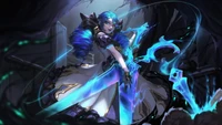 Gwen, la couturière sacrée, manie ses ciseaux enchantés dans un cadre sombre et mystique de League of Legends.