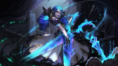 Gwen, die geheiligte Schneiderin, schwingt ihre verzauberten Scheren in einer dunklen, mystischen Umgebung aus League of Legends.