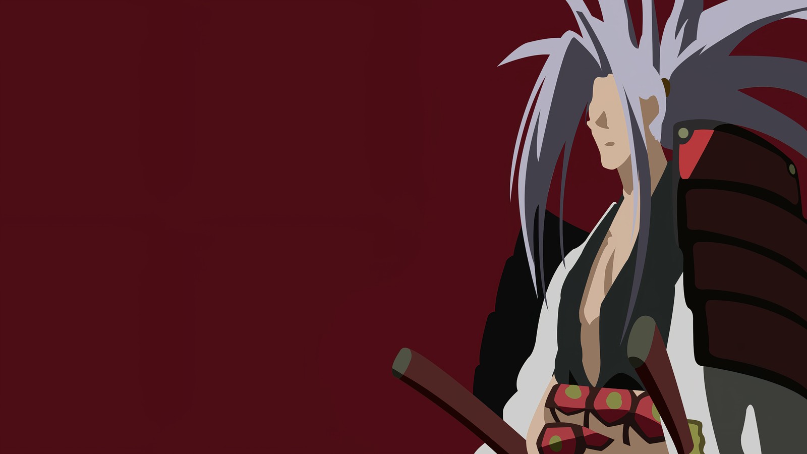 Primer plano de una persona con una espada sobre un fondo rojo (amidamaru, shaman king, anime, minimalista)