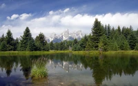 Ruhige Reflexion der Grand-Teton-Berge in einem ruhigen See, umgeben von üppiger Wildnis