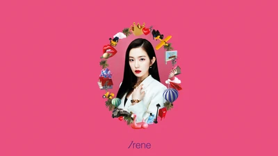 Irene from Red Velvet surrounded by a vibrant collage of playful and colorful elements against a pink background.