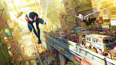 Dynamische Szene aus 'Spider-Man: Across the Spider-Verse' mit Miles Morales und Spider-Gwen in einer lebhaften Stadtlandschaft